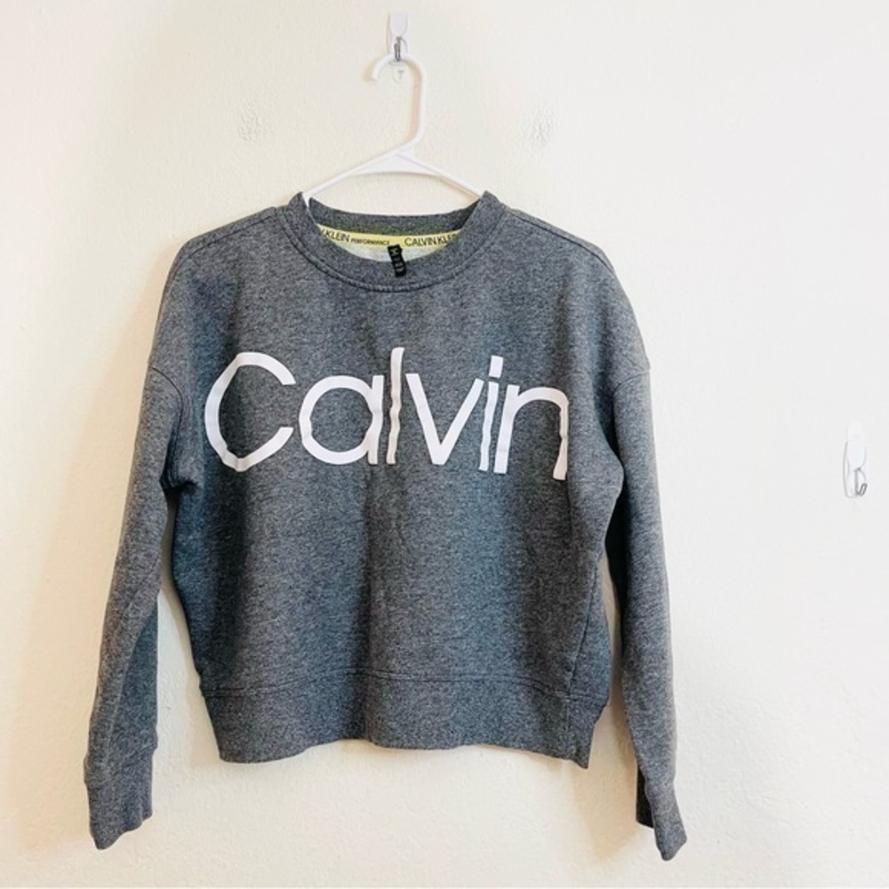 Calvin Klein Performance Crewneck Fleece Lined Long Sleeve Crop Sweater M Gray